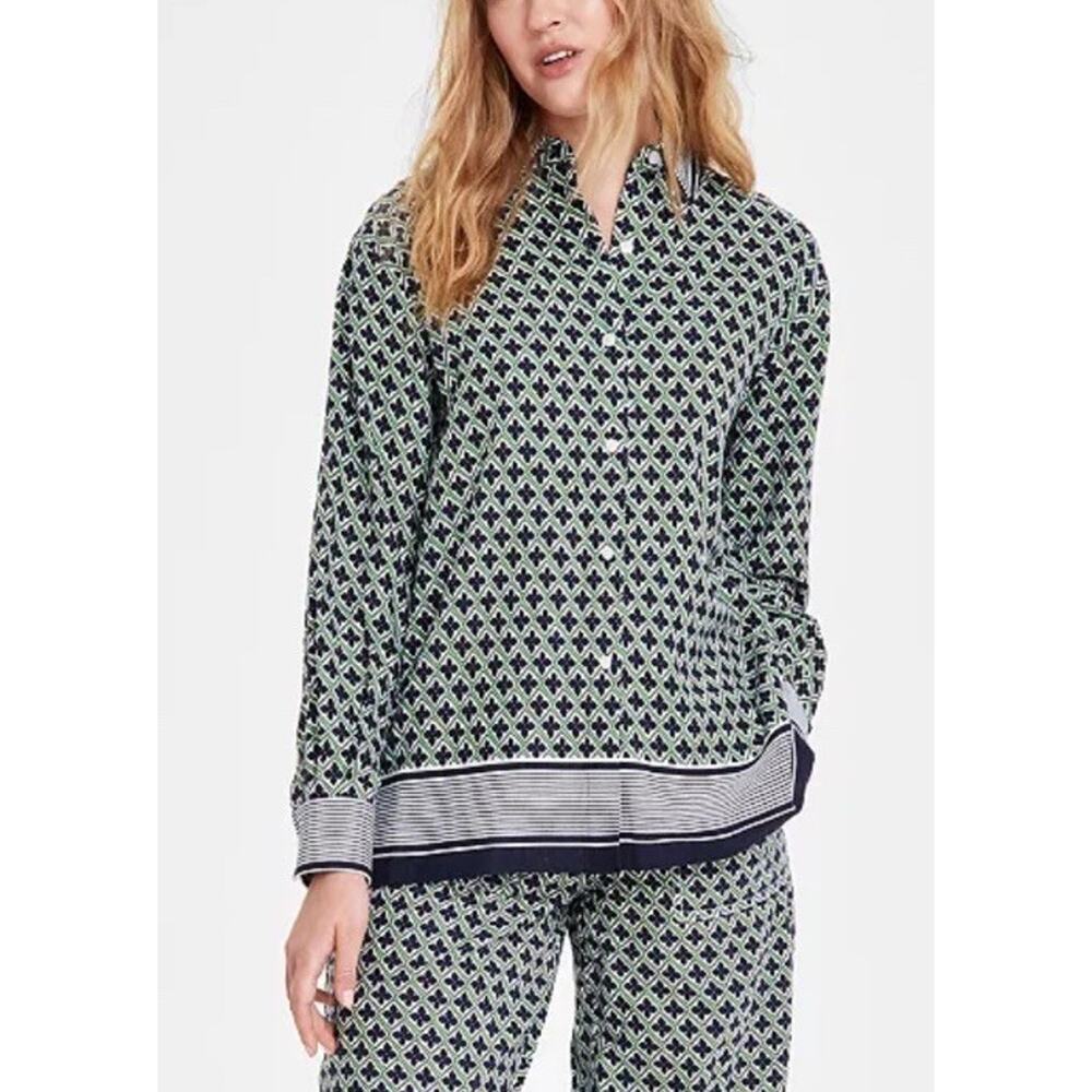 Nautica Jeans Co. Womens Navy Printed Linen Button-Down Top Shirt M‎ New $80